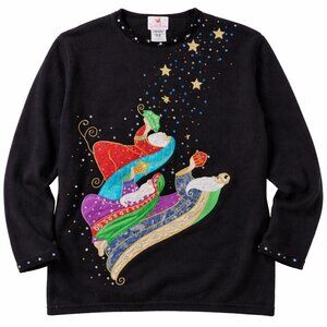 Vintage Quacker Factory Black Three Kings Sequin Christmas Holiday Sweater 1X